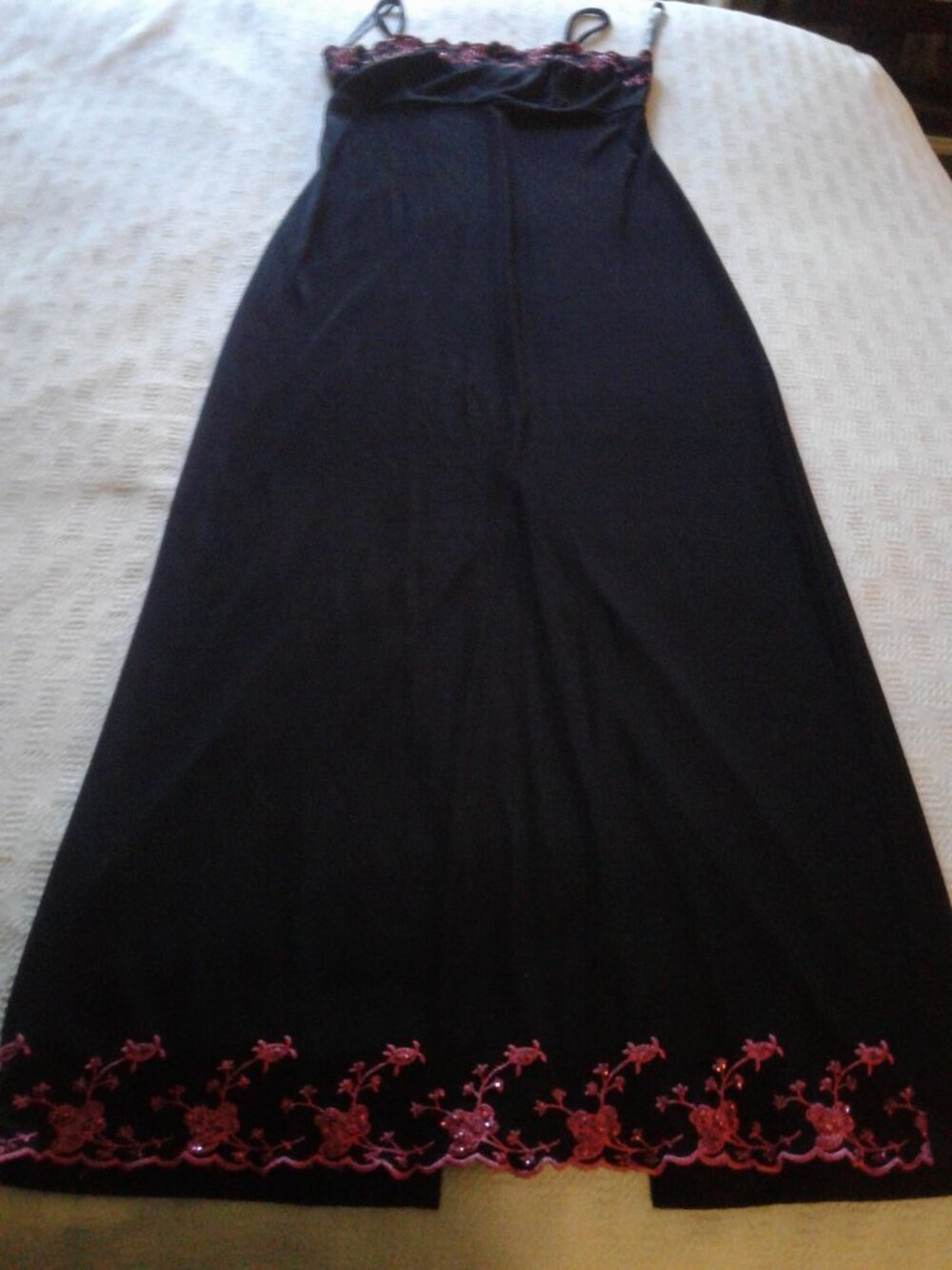 Long Black & Fuchsia Embellishments Spaghetti Strap Dress